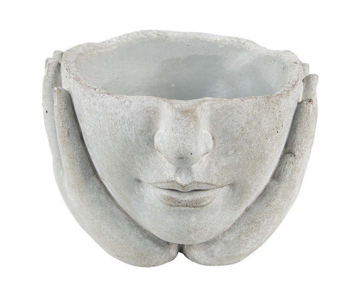 Šedý cementový květináč hlava ženy v dlaních - 17*17*11 cm Clayre & Eef