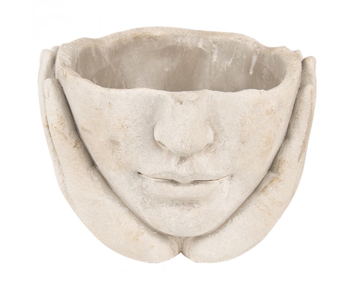 Béžový cementový květináč hlava ženy v dlaních S - 17*17*11 cm Clayre & Eef