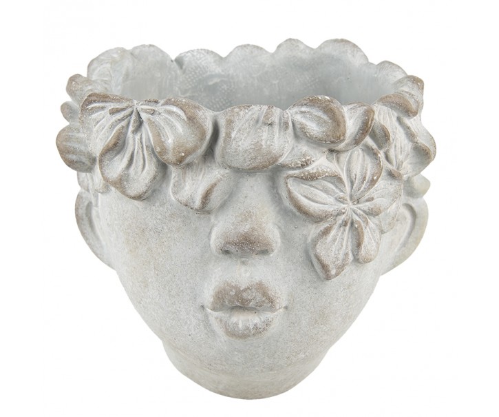 Šedý květináč v designu hlavy s květinovým věncem Tete - 12*9*10 cm Clayre & Eef
