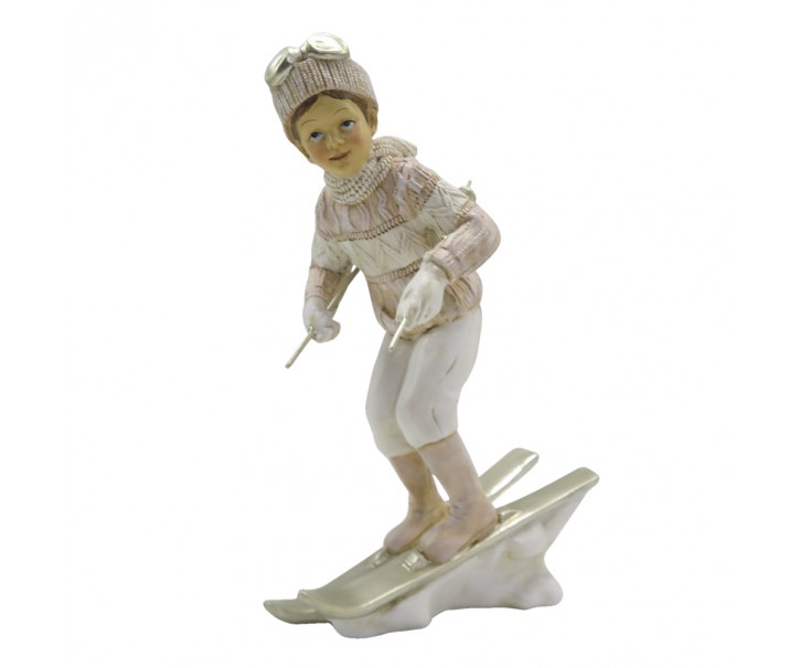 Dekorace socha chlapec v růžovém svetru na lyžích - 12*8*19 cm Clayre & Eef
