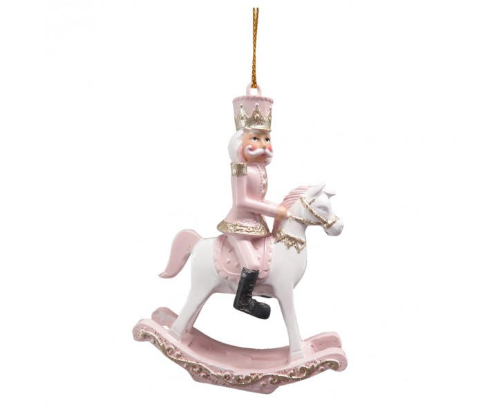 Bílo-růžová závěsná dekorace Louskáček na houpacím koni - 6*3*9 cm Clayre & Eef