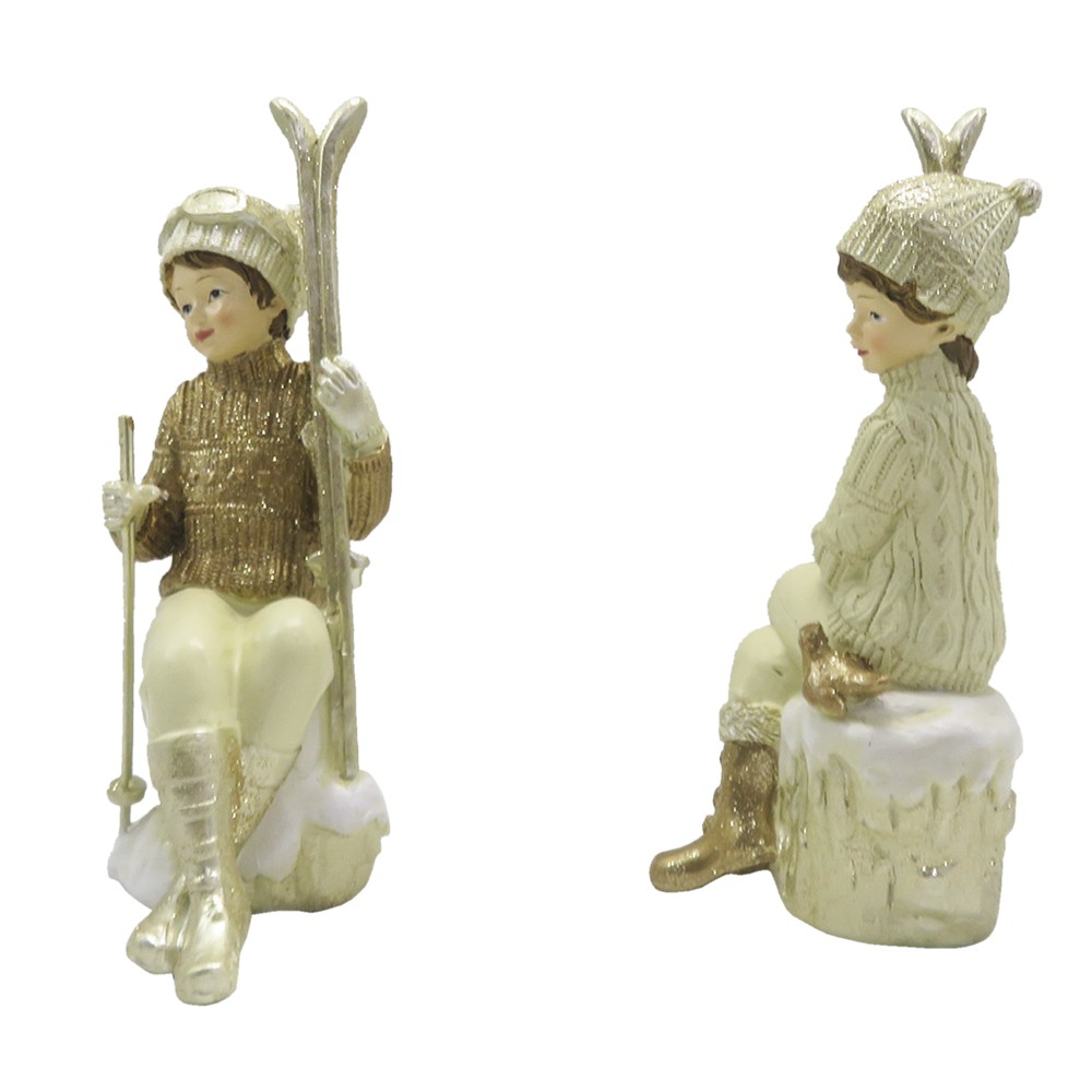 Zlatá vánoční dekorace děti lyžaři - 10*7*18 cm Clayre & Eef Zlatá vánoční dekorace děti lyžaři - 10*7*18 cm Clayre & Eef