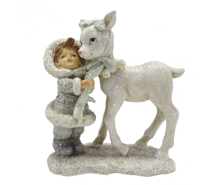 Dekorační vánoční soška děvče se srnečkou - 12*6*13 cm Clayre & Eef
