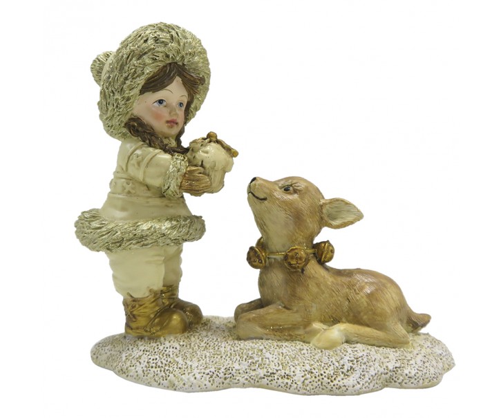Béžovo-zlatá antik dekorace děvče se srnečkou - 12*6*12 cm Clayre & Eef