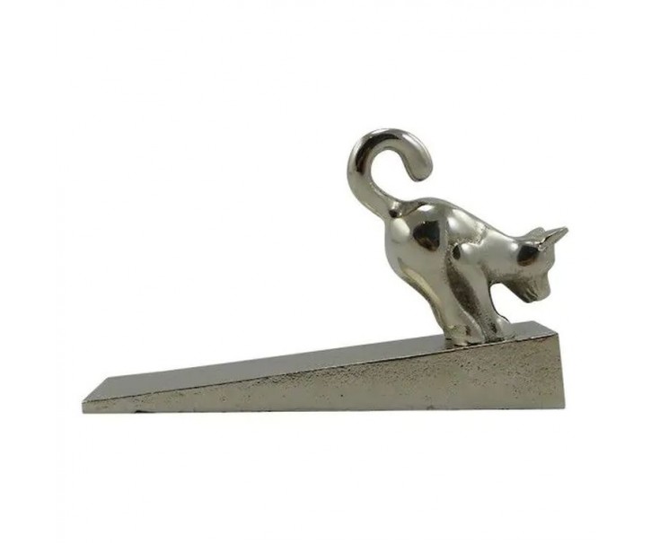 Stříbrná antik kovová dveřní zarážka kočka - 15*4*9cm Mars & More 