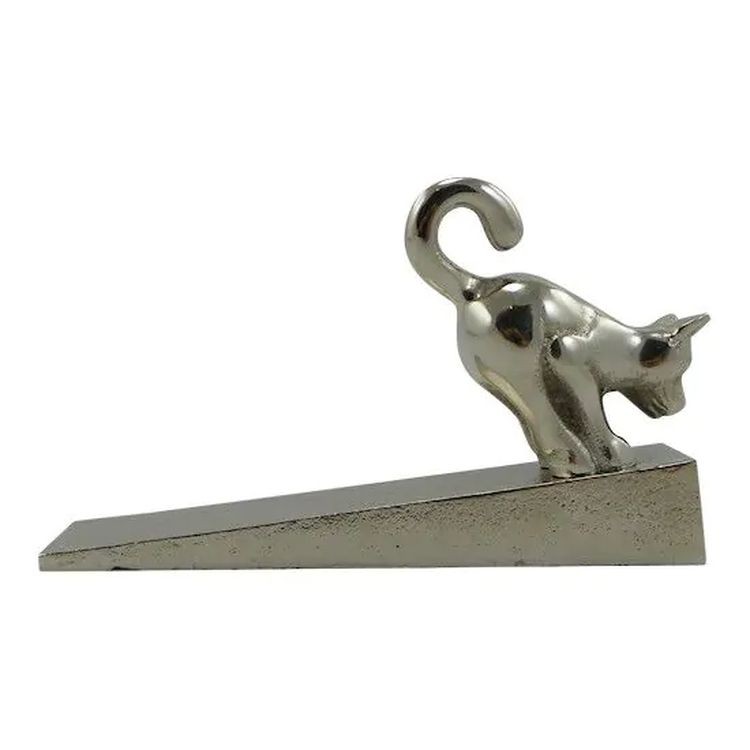 Stříbrná antik kovová dveřní zarážka kočka - 15*4*9cm