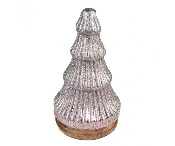 Stříbrný dekorační skleněný stromek na dřevěném podstavci - Ø 13*24 cm Clayre & Eef