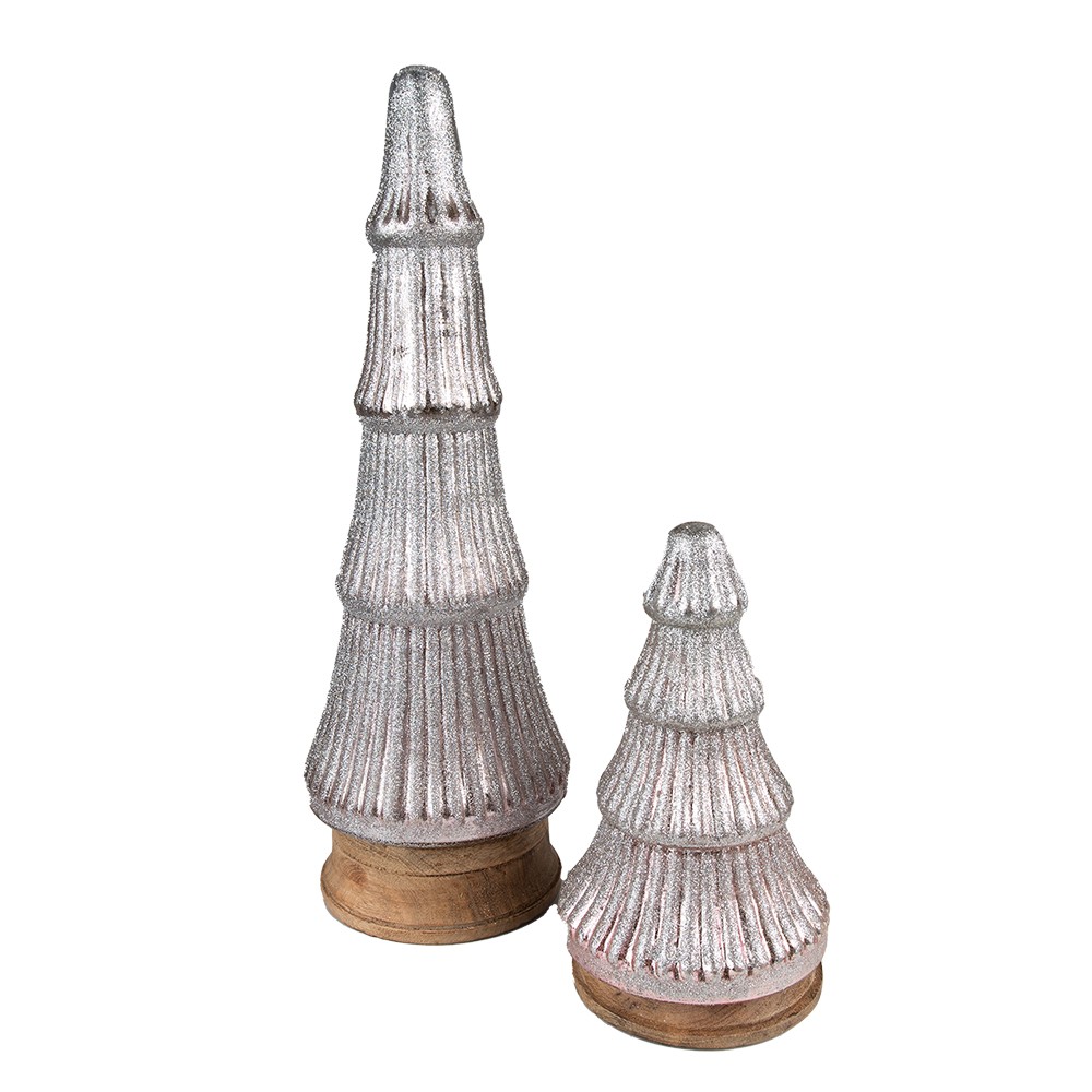 Stříbrný dekorační skleněný stromek na dřevěném podstavci - Ø 13*24 cm Clayre & Eef Stříbrný dekorační skleněný stromek na dřevěném podstavci - Ø 13*24 cm Clayre & Eef