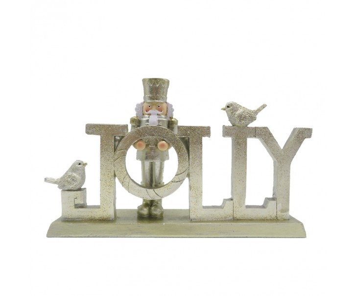 Zlatá vánoční dekorace s Louskáčkem a ptáčky Jolly - 18*4*11 cm Clayre & Eef