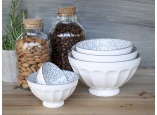 Set 5ks bílá porcelánová miska se šedými detaily uvnitř Arés - Ø15*9 cm