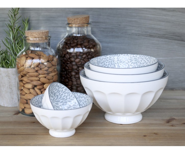 Set 5ks bílá porcelánová miska se šedými ornamenty uvnitř Arés - Ø15*9 cm Chic Antique