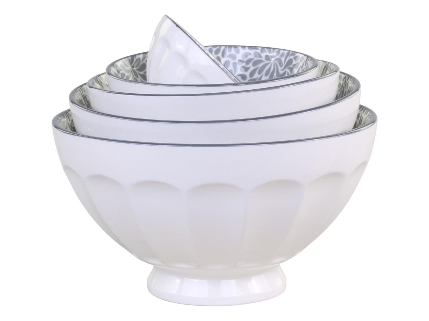 Set 5ks bílá porcelánová miska se šedými detaily uvnitř Arés - Ø15*9 cm Chic Antique Set 5ks bílá porcelánová miska se šedými detaily uvnitř Arés - Ø15*9 cm Chic Antique