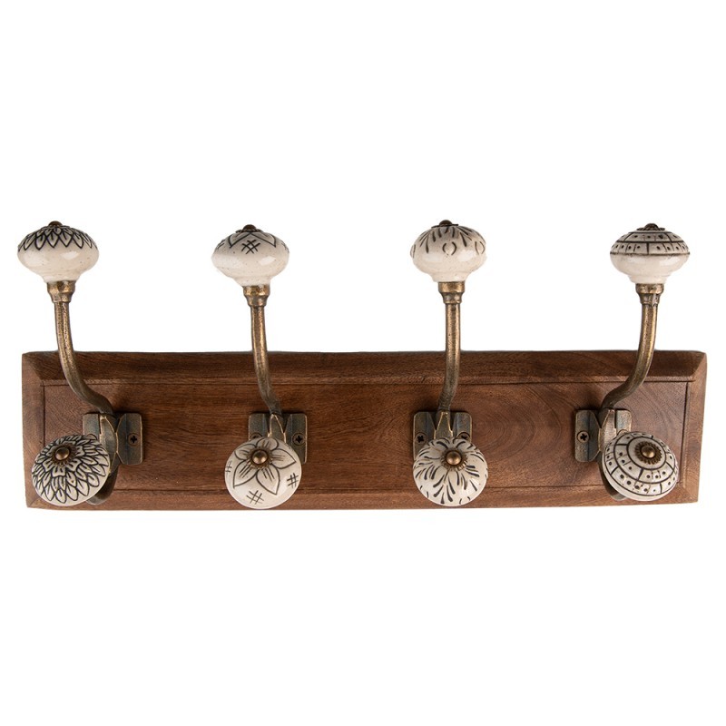 Nástěnný věšák s dřevěnou deskou a keramickými malovanými knopkami - 45*11*17 cm Clayre & Eef Nástěnný věšák s dřevěnou deskou a keramickými malovanými knopkami - 45*11*17 cm Clayre & Eef