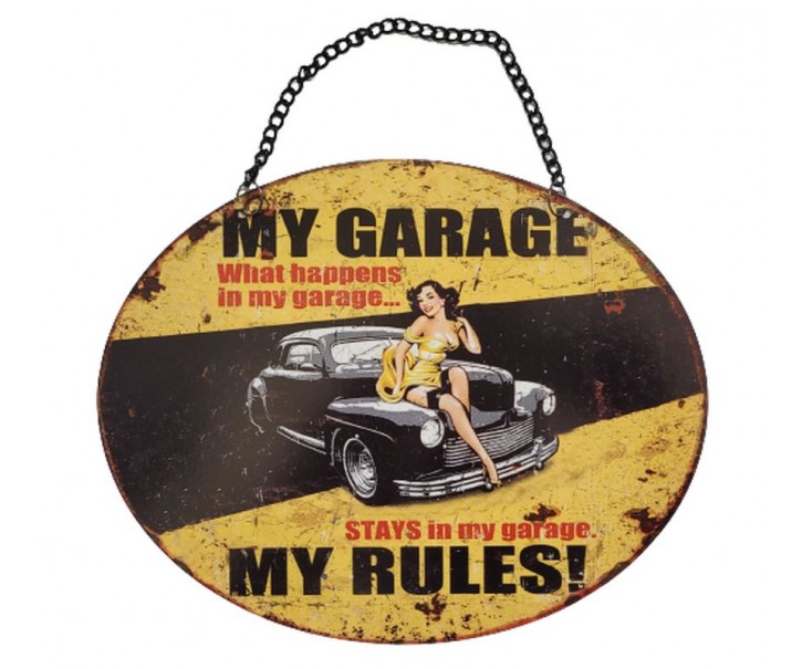Závěsná žlutá kovová cedule My Garage My Rules - 25*20 cm Ostatn&iacute;