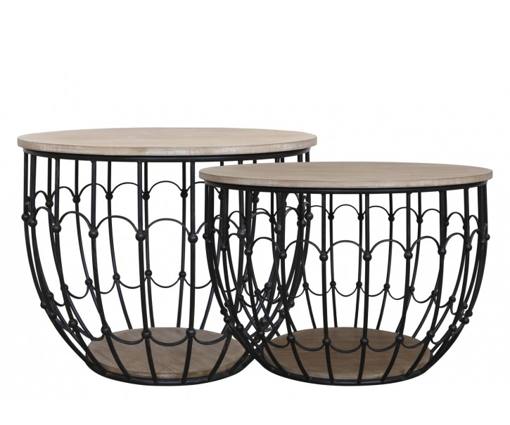 2ks černý antik kovový coffee stolek s dřevěnou deskou Charlotte - Ø57*42 cm Chic Antique