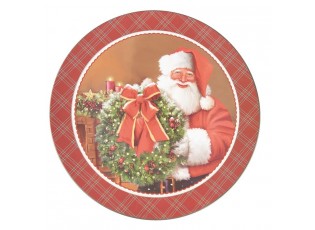 Červený károvaný plastový vánoční kulatý podnos/talíř Santa - Ø 33*1 cm