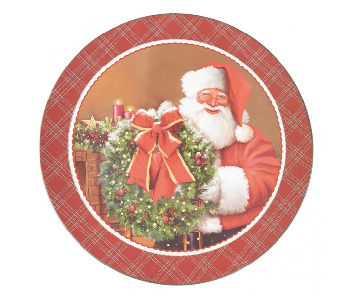 Červený károvaný plastový vánoční kulatý podnos/talíř Santa - Ø 33*1 cm Clayre & Eef