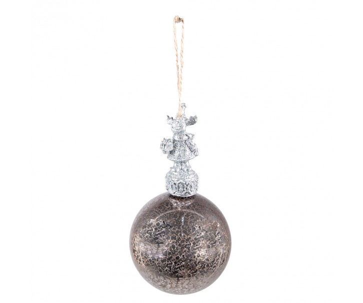 Stříbrná antik skleněná vánoční koule se sobem - Ø 7*14 cm Clayre & Eef