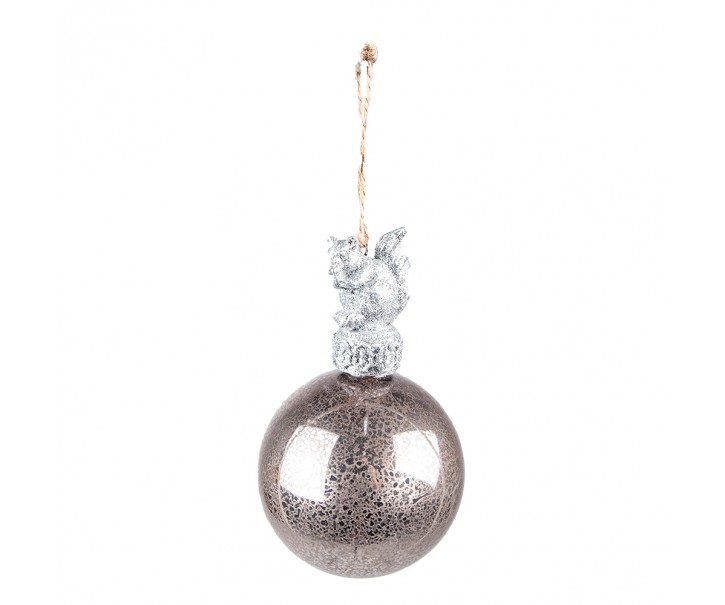 Stříbrná antik skleněná vánoční koule s veverkou - Ø 7*13 cm Clayre & Eef