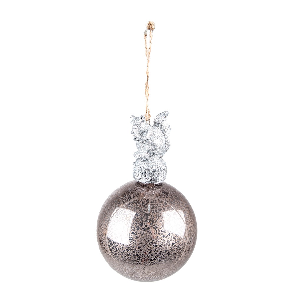 Stříbrná antik skleněná vánoční koule s veverkou - Ø 7*13 cm Clayre & Eef Stříbrná antik skleněná vánoční koule s veverkou - Ø 7*13 cm Clayre & Eef