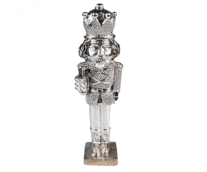 Stříbrná vánoční dekorace Louskáček s dárky - 5*4*16 cm Clayre & Eef
