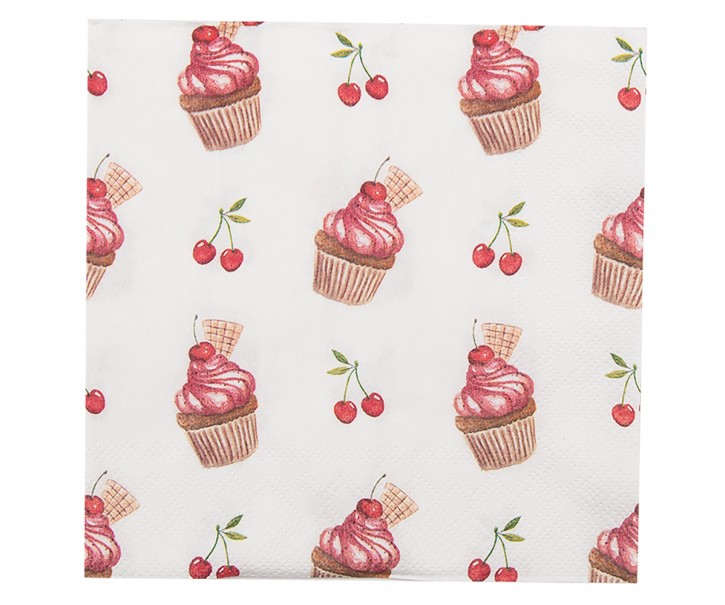 Bílé papírové ubrousky s dortíčky Cherry Cupcake - 33*33 cm (20ks) Clayre & Eef