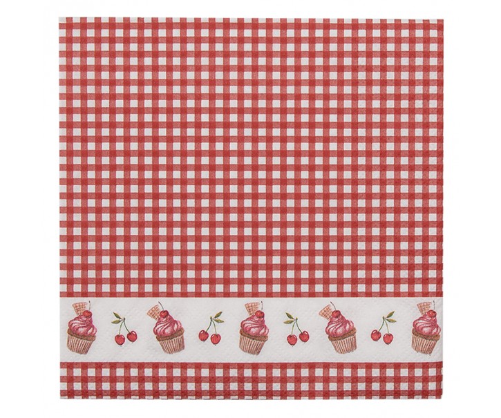 Červené kárované papírové ubrousky s dortíčky Cherry Cupcake - 33*33 cm (20ks) Clayre & Eef