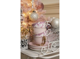 Bílo-růžový porcelánový šálek s podšálkem Chateau - Ø 10*6 / Ø 15*2 cm / 250 ml