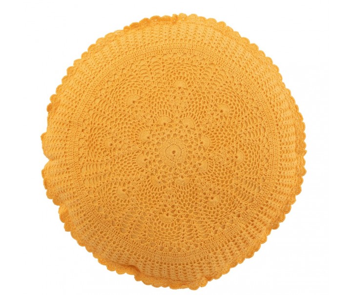 Žlutý kulatý bavlněný polštář s krajkou Lace ochre - Ø 38*12cm J-Line by Jolipa