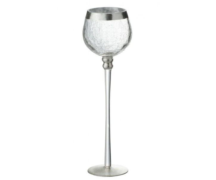 Skleněný svícen na noze s popraskáním Silver - Ø 9*30cm J-Line by Jolipa