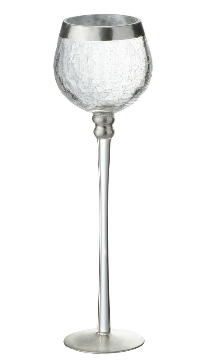 Skleněný svícen na noze s popraskáním Silver - Ø 9*30cm J-Line by Jolipa Skleněný svícen na noze s popraskáním Silver - Ø 9*30cm J-Line by Jolipa