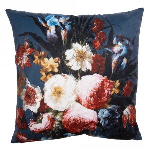 Modrý sametový povlak na polštář s výraznými květy - 45*45 cm
