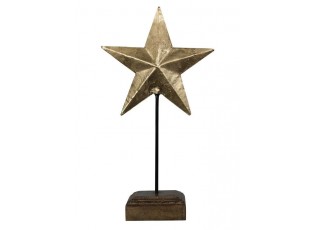 Dekorace zlatá antik kovová hvězda na dřevěném podstavci - 19*10*35cm