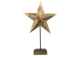 Dekorace zlatá antik kovová hvězda na dřevěném podstavci - 15*9*27cm