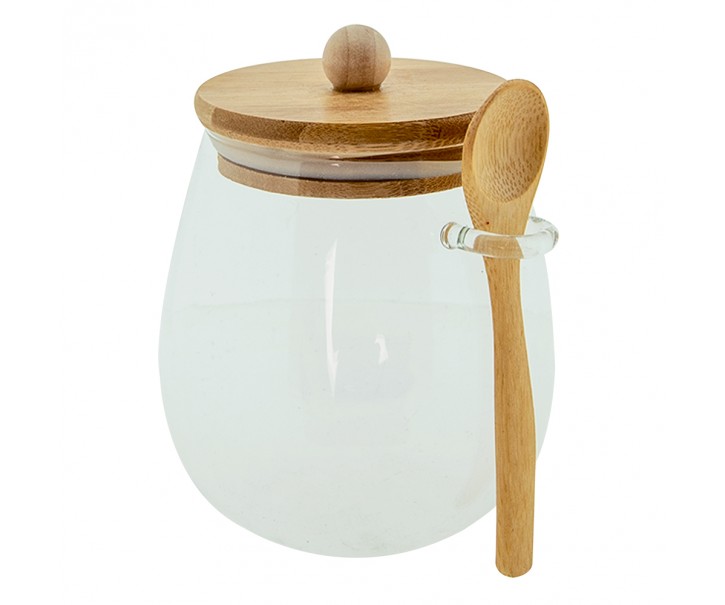 Skleněná dóza/ cukřenka s dřevěným víčkem a lžičkou - 12*11*13 cm / 660 ml Clayre & Eef