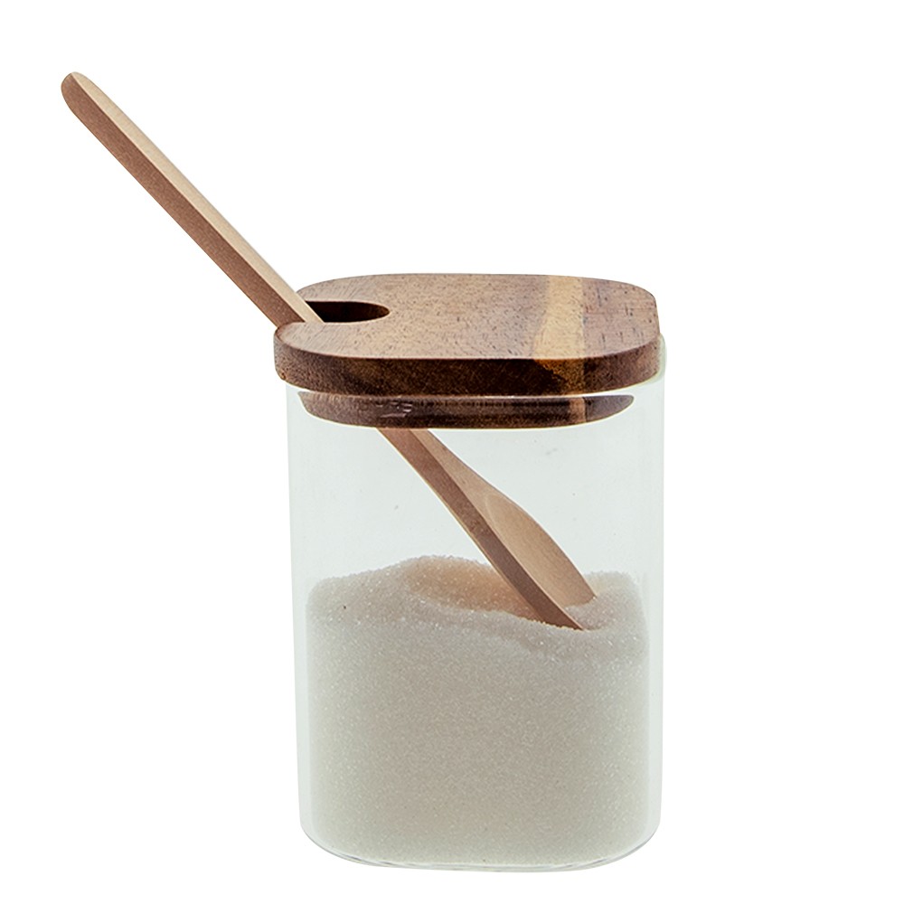 Skleněná dóza/ cukřenka s dřevěným víčkem a lžičkou - 6*6*8 cm / 190 ml Clayre & Eef Skleněná dóza/ cukřenka s dřevěným víčkem a lžičkou - 6*6*8 cm / 190 ml Clayre & Eef