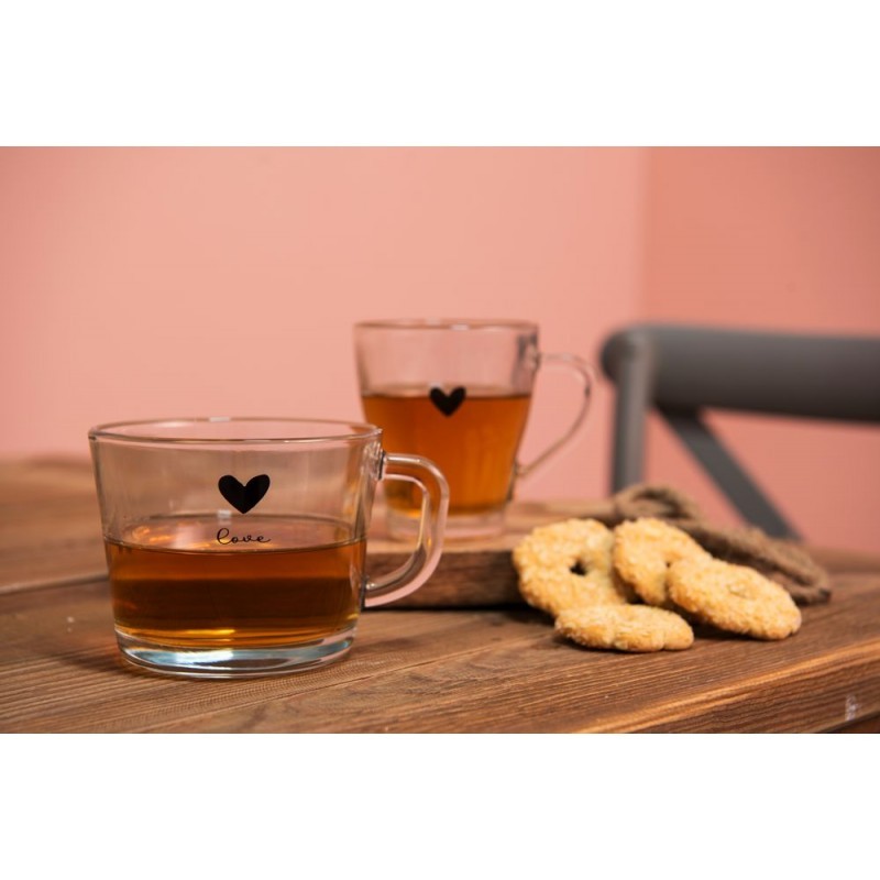 Skleněný hrneček s černým srdíčkem Love - 13*10*9 cm / 450 ml Clayre & Eef Skleněný hrneček s černým srdíčkem Love - 13*10*9 cm / 450 ml Clayre & Eef