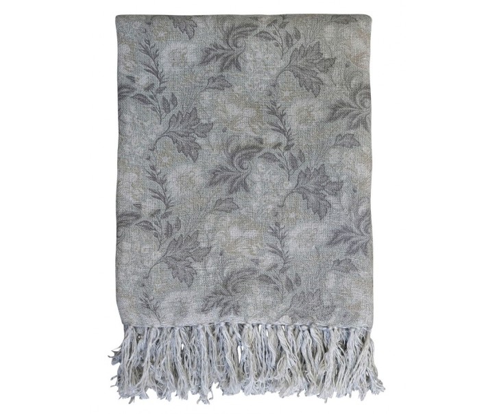 Béžovo-zelený lněný pléd s květinovým vzorem a třásněmi French floral - 130*170 cm Chic Antique
