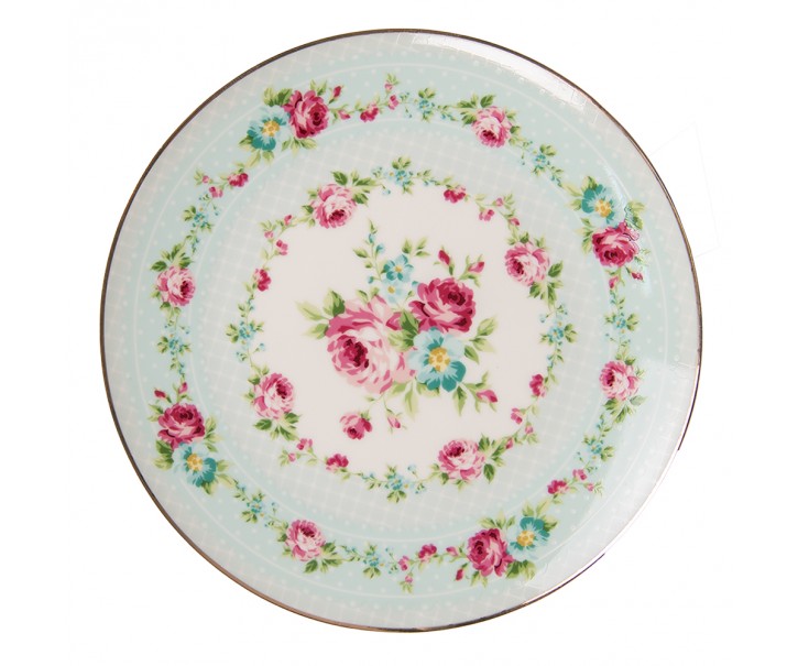Zelený porcelánový dezertní talíř s květy - Ø 21*2 cm Clayre & Eef