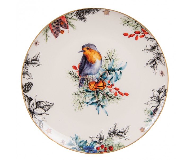 Porcelánový dezertní talíř s vánočním motivem ptáčka - Ø 21*2 cm Clayre & Eef