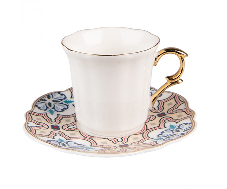 Bílý porcelánový šálek s barevným podšálkem Cuppie - Ø 12*7 / 95 ml Clayre & Eef