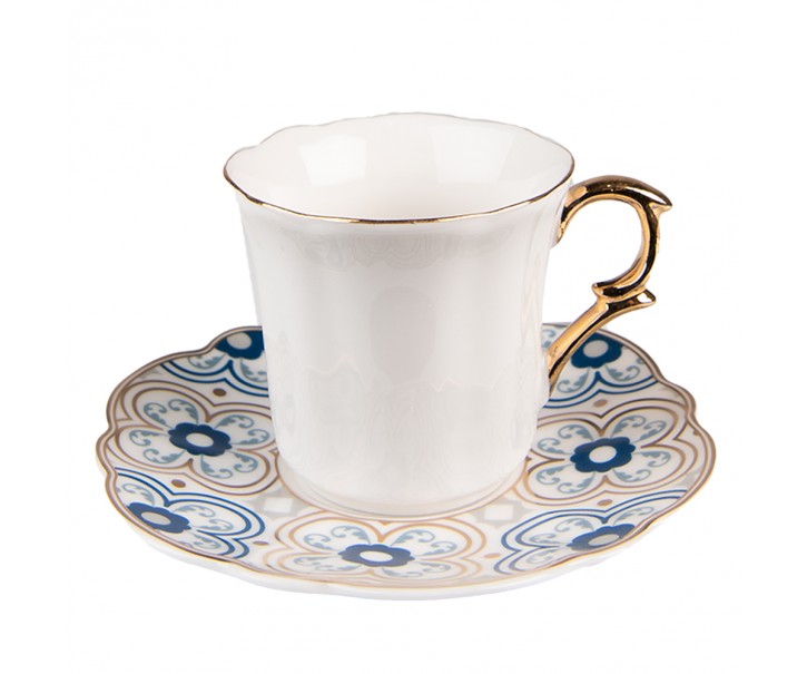 Bílý porcelánový šálek s barevným podšálkem - Ø 12*7 / 95 ml Clayre & Eef