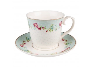 Zelený porcelánový šálek s podšálkem s květy - Ø 15*8 / 250 ml