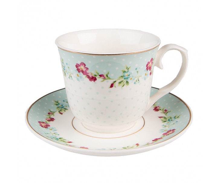 Zelený porcelánový šálek s podšálkem s květy - Ø 15*8 / 250 ml Clayre & Eef