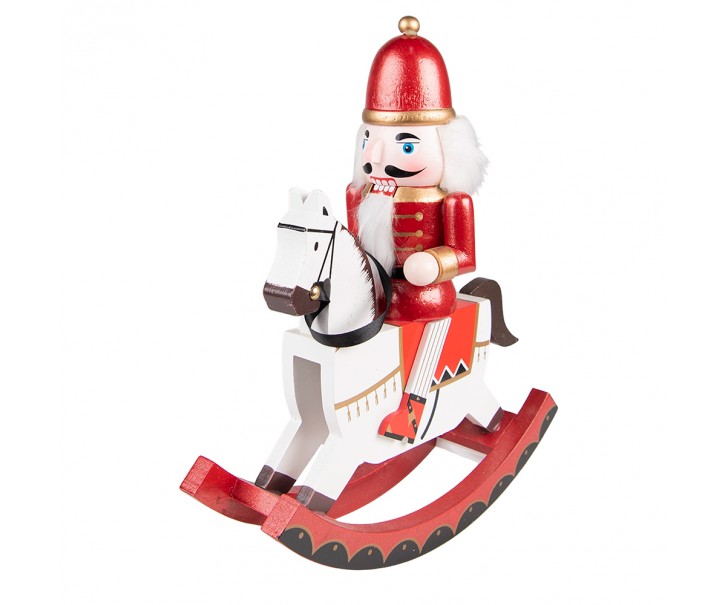 Bílo-červená dekorace Louskáček na houpacím koníkovi - 24*9*30 cm Clayre & Eef
