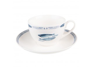Porcelánový šálek s podšálkem s rybkami Fish Blue - 12*6*6 cm / Ø 15*2 cm / 250 ml
