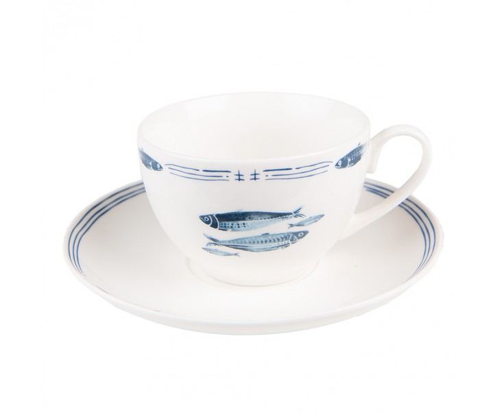 Porcelánový šálek s podšálkem s rybkami Fish Blue - 12*6*6 cm / Ø 15*2 cm / 250 ml Clayre & Eef