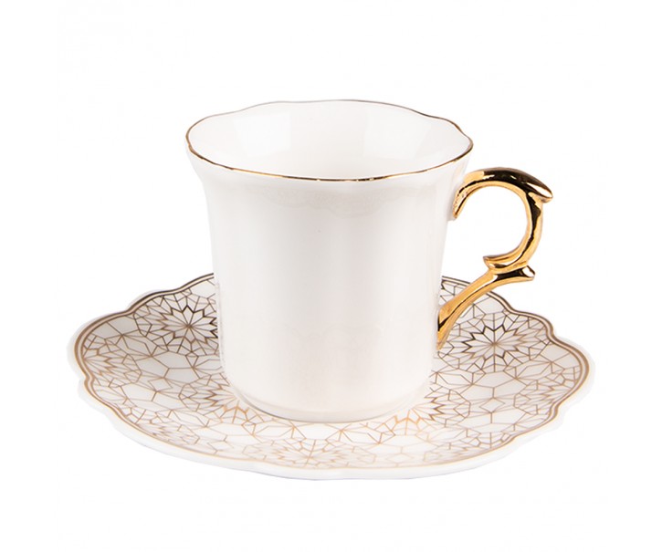 Bílý porcelánový šálek se vzorovaným podšálkem Cuppie - Ø 12*7 / 95 ml Clayre & Eef