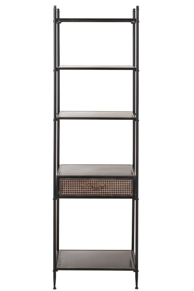 Černý kovový policový regál se šuplíkem Valio Black - 55*37*185cm J-Line by Jolipa Černý kovový policový regál se šuplíkem Valio Black - 55*37*185cm J-Line by Jolipa