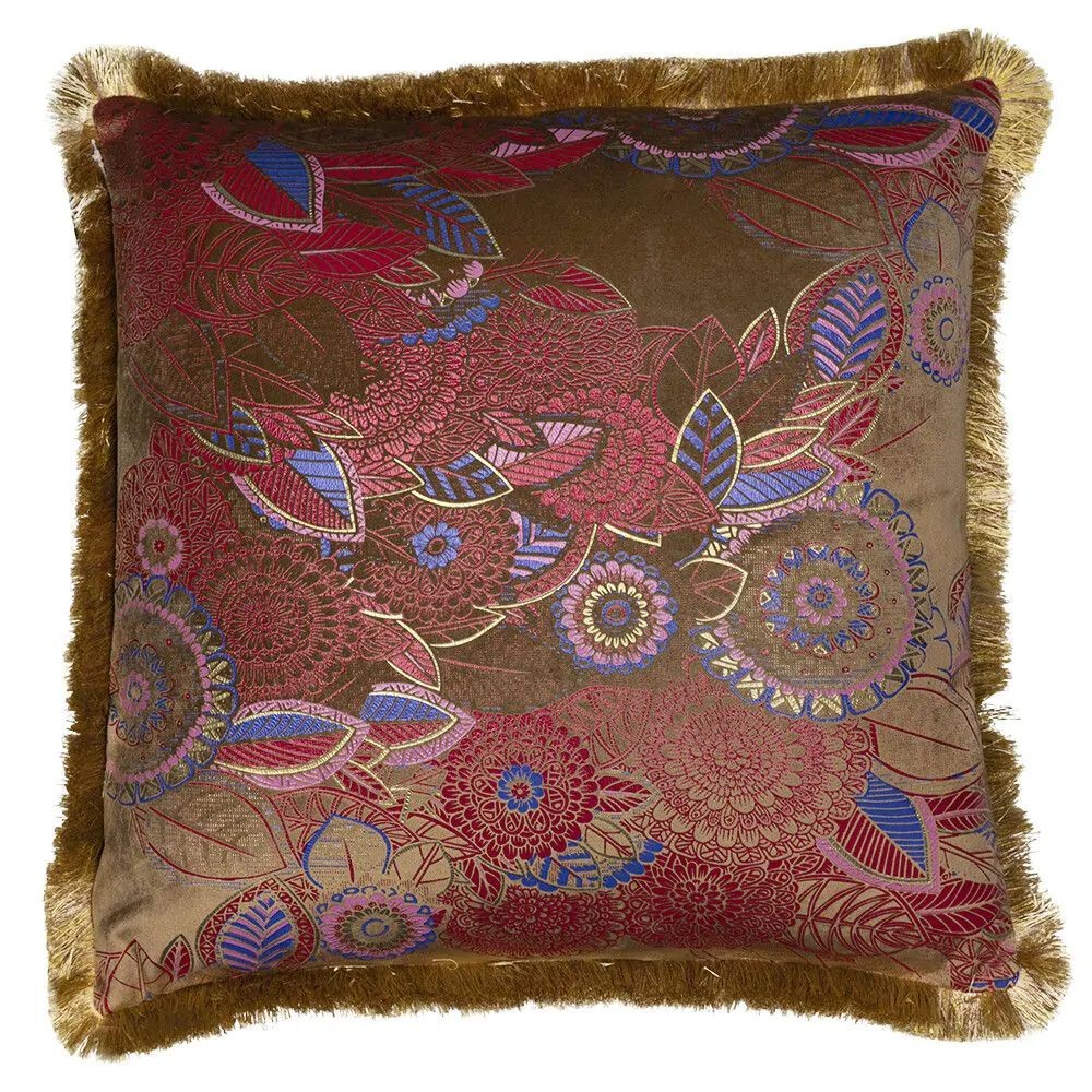 Taupe sametový polštář s květy a zlatými třásněmi Floral - 45*45*10cm Mars & More Taupe sametový polštář s květy a zlatými třásněmi Floral - 45*45*10cm Mars & More
